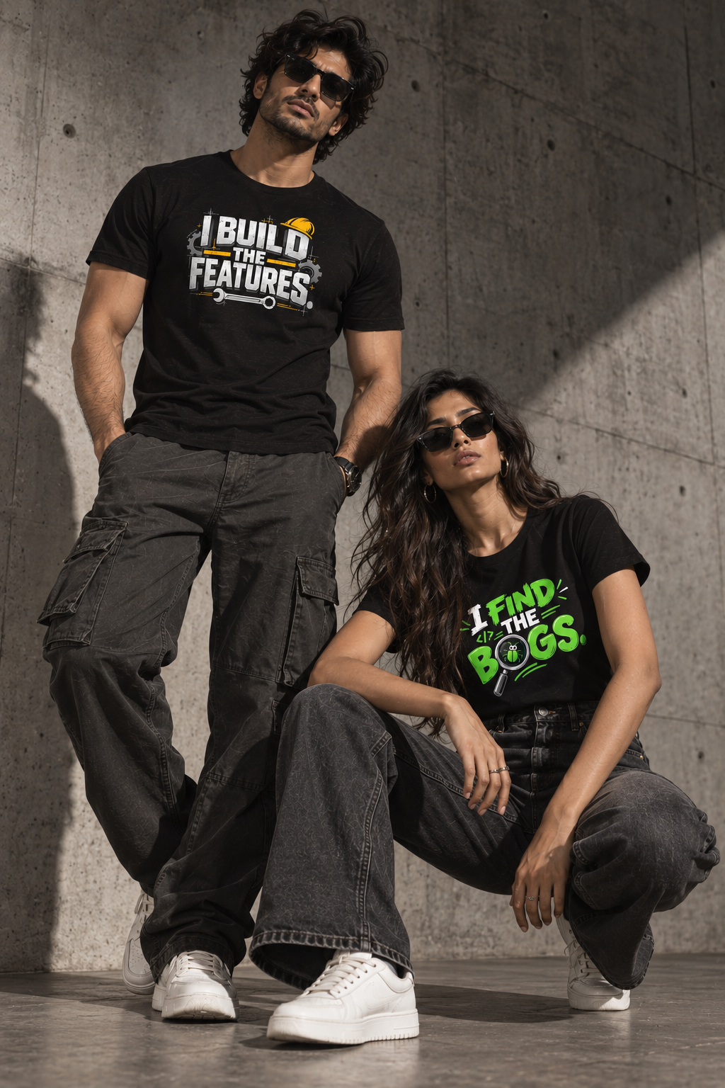 Features & Bugs | QA and Dev Couple T-Shirts