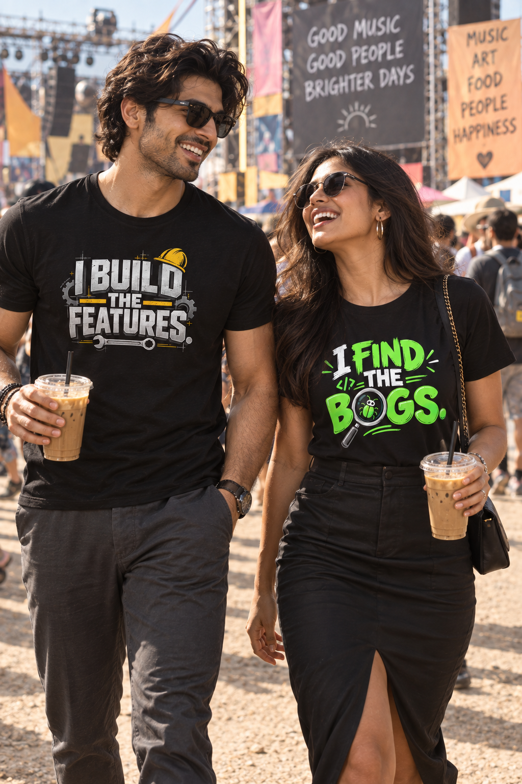 Features & Bugs | QA and Dev Couple T-Shirts